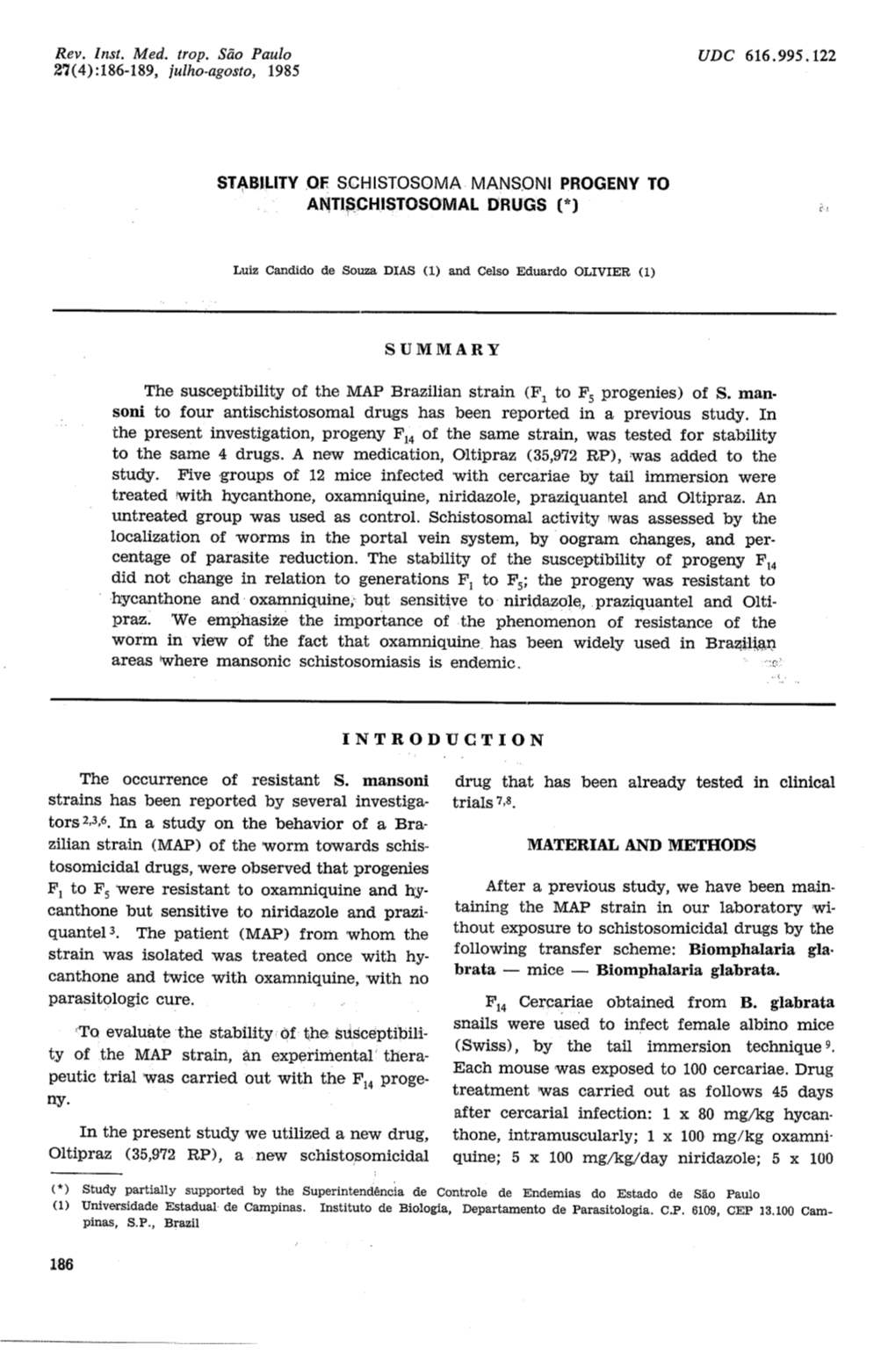 Stability of Schistosoma-Mansoni Progeny to Antischistosomal Drugs (*)