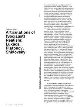 Articulations of (Socialist) Realism: Lukács, Platonov, Shklovsky