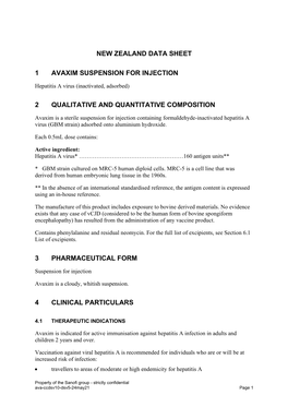 New Zealand Data Sheet 1 Avaxim Suspension for Injection 2 Qualitative and Quantitative Composition 3 Pharmaceutical Form 4 Clin