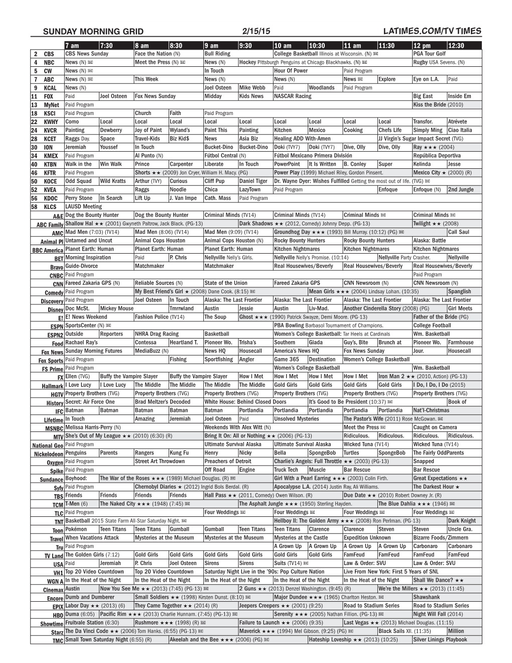 Sunday Morning Grid 2/15/15 Latimes.Com/Tv Times