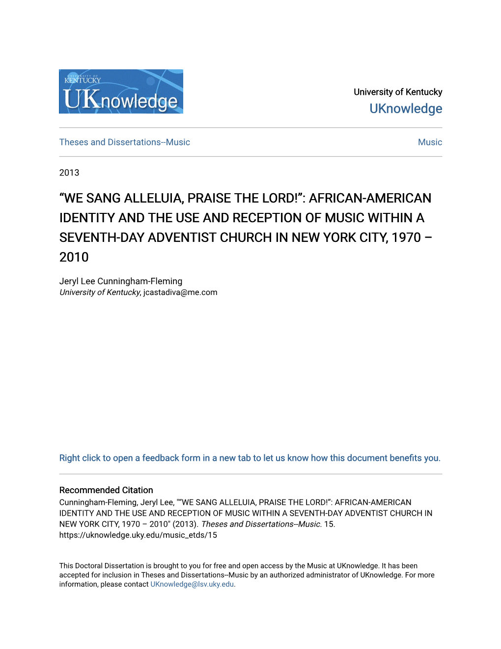 African-American Identity and the Use and Reception of Music Within a Seventh-Day Adventist Church in New York City, 1970 – 2010