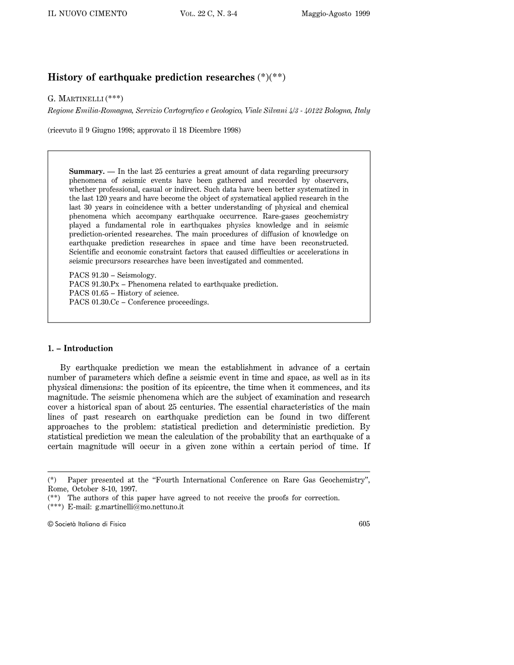 History of Earthquake Prediction Researches (*)(**)