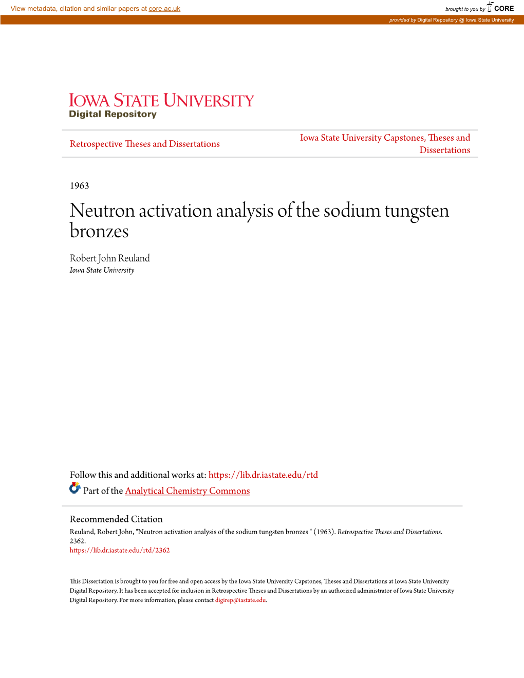 Neutron Activation Analysis of the Sodium Tungsten Bronzes Robert John Reuland Iowa State University