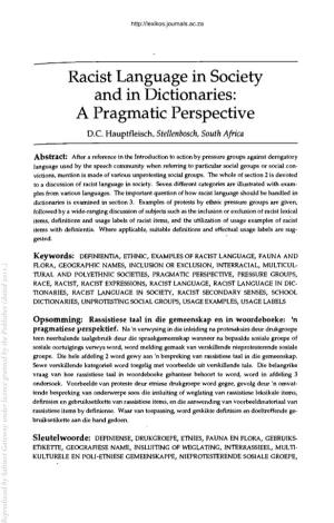 Racist Language in Society and in Dictionaries: a Pragmatic Perspective D.C