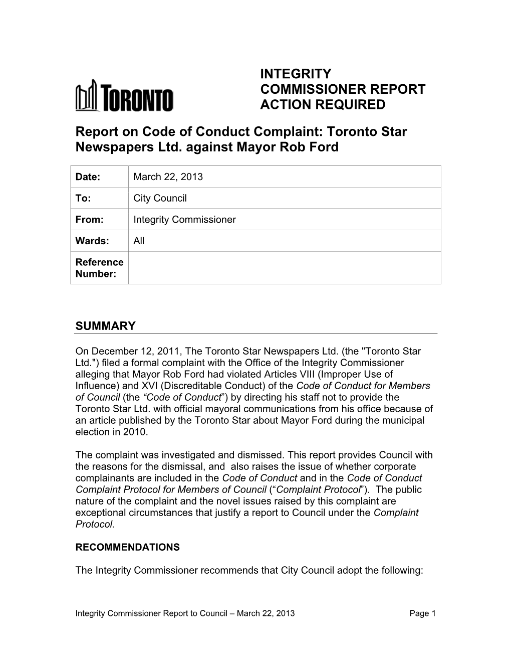 Toronto Star Newspapers Ltd. Against Mayor Rob Ford