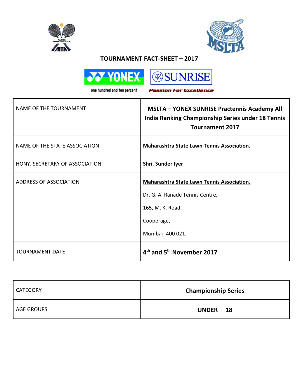 Tournament Fact - Sheet s4