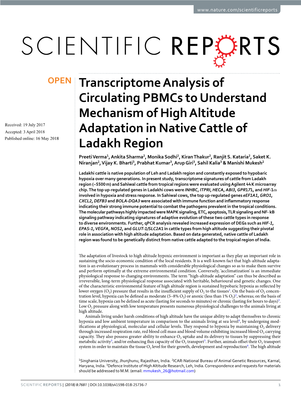 Transcriptome Analysis of Circulating Pbmcs to Understand Mechanism of High Altitude Adaptation in Native Cattle of Ladakh Regio