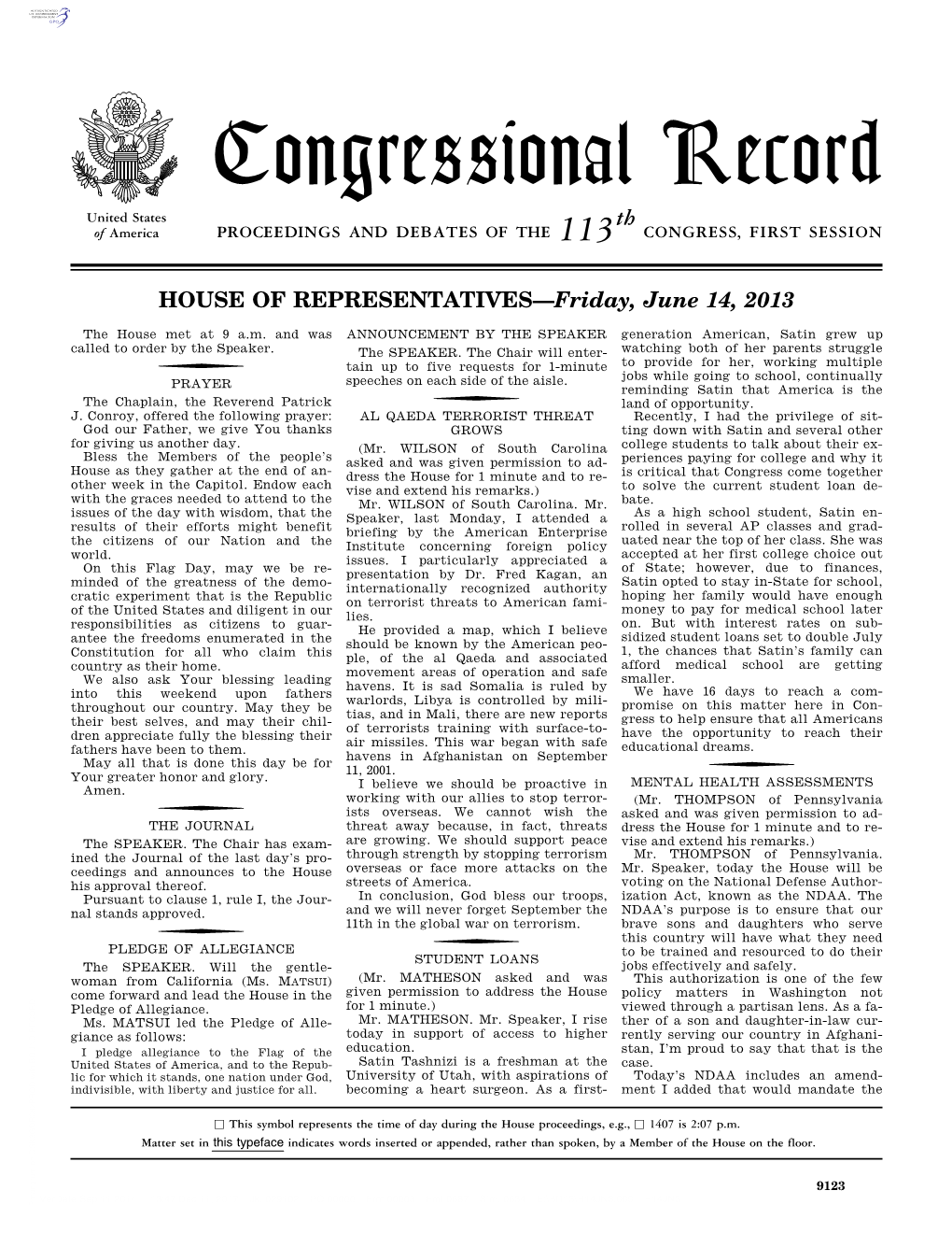 Congressional Record United States Th of America PROCEEDINGS and DEBATES of the 113 CONGRESS, FIRST SESSION