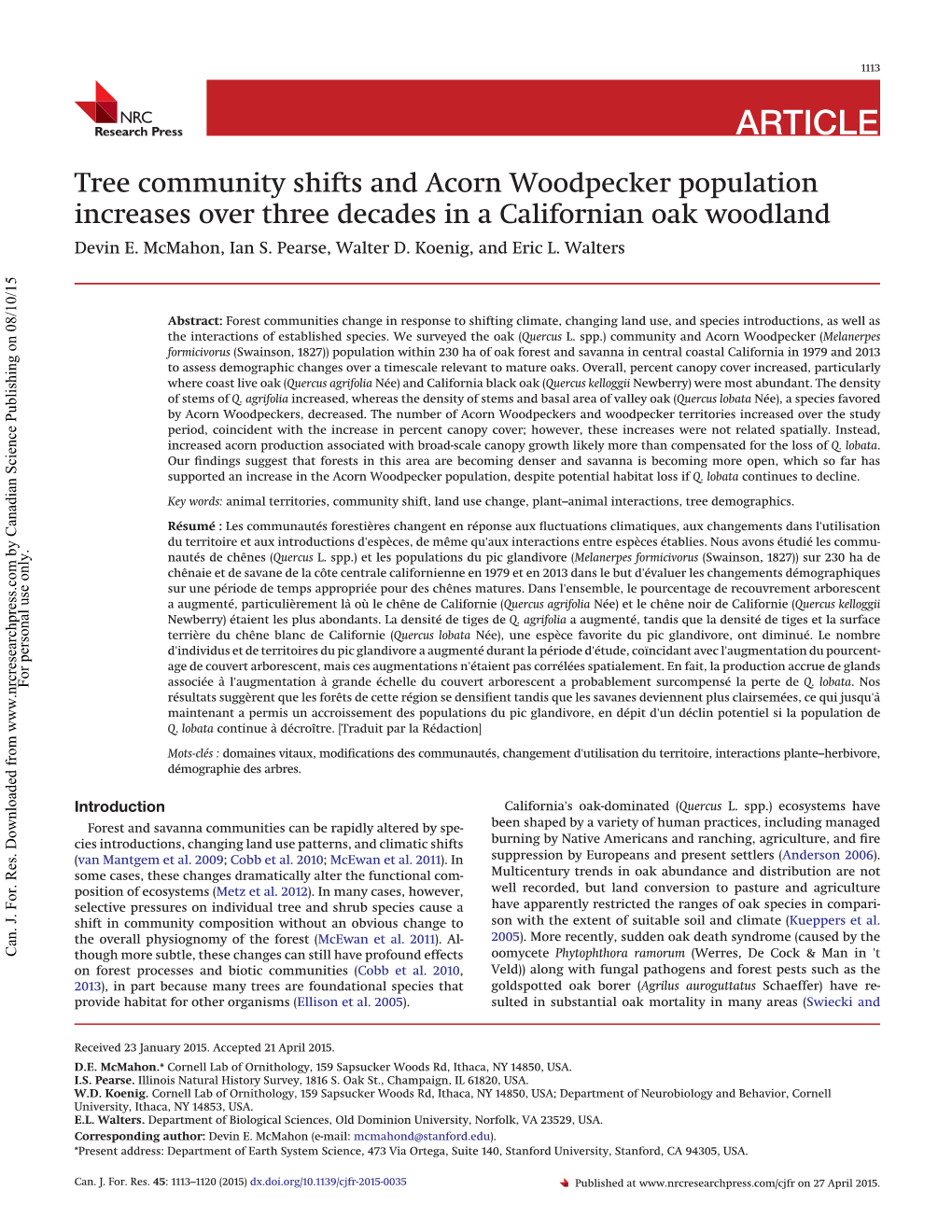 Tree Community Shifts and Acorn Woodpecker Population Increases Over Three Decades in a Californian Oak Woodland Devin E