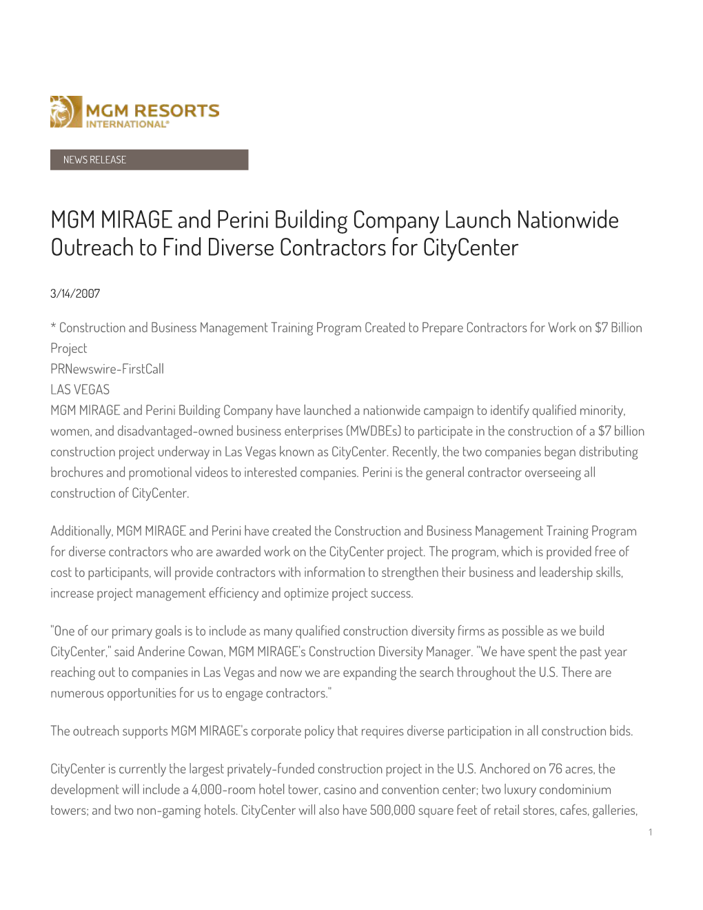 MGM MIRAGE and Perini Building Company Launch Nationwide Outreach to Find Diverse Contractors for Citycenter