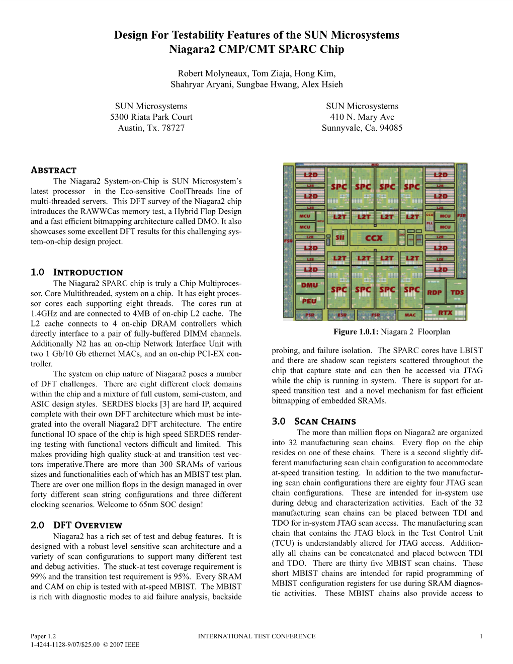 Design for Testability Features of the SUN Microsystems Niagara2 CMP/CMT SPARC Chip