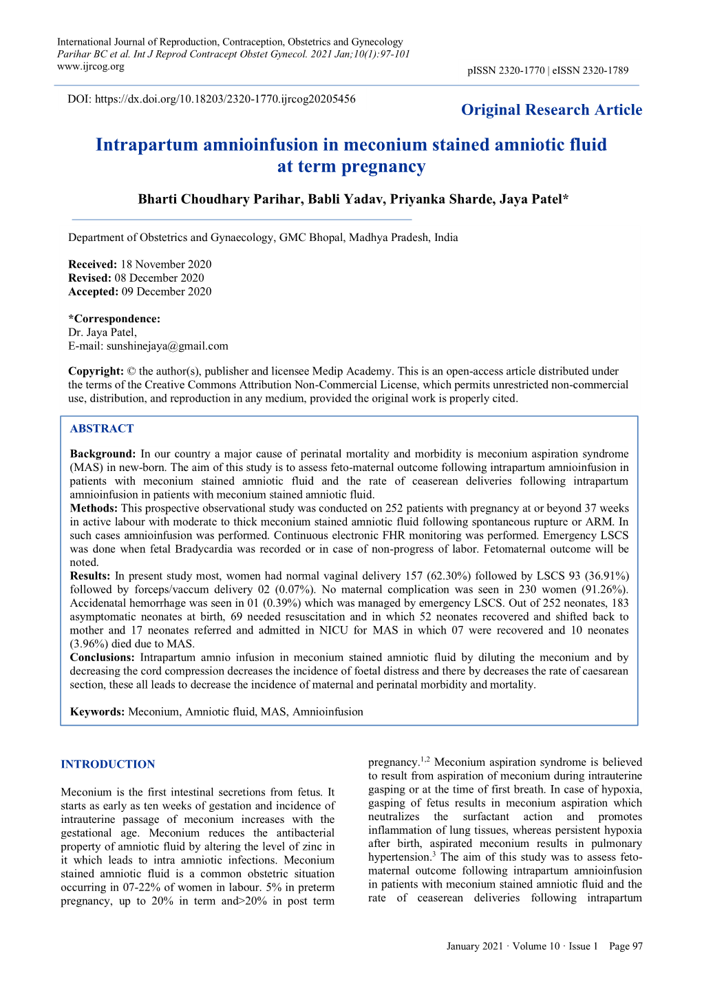 Intrapartum Amnioinfusion in Meconium Stained Amniotic Fluid at Term Pregnancy