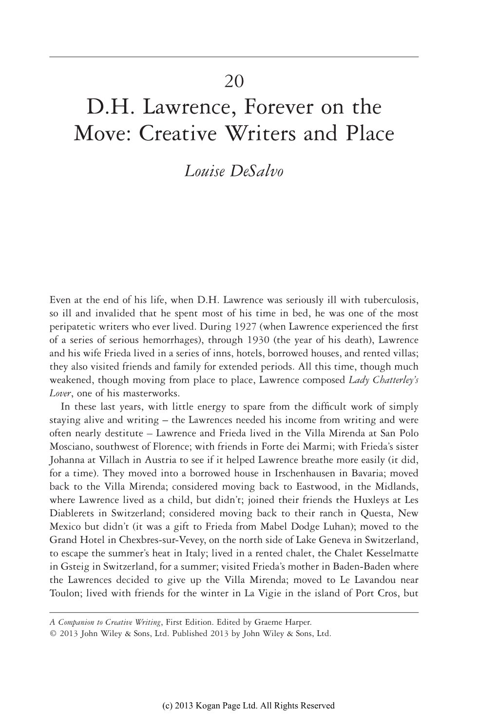D.H. Lawrence, Forever on the Move: Creative Writers and Place Louise Desalvo