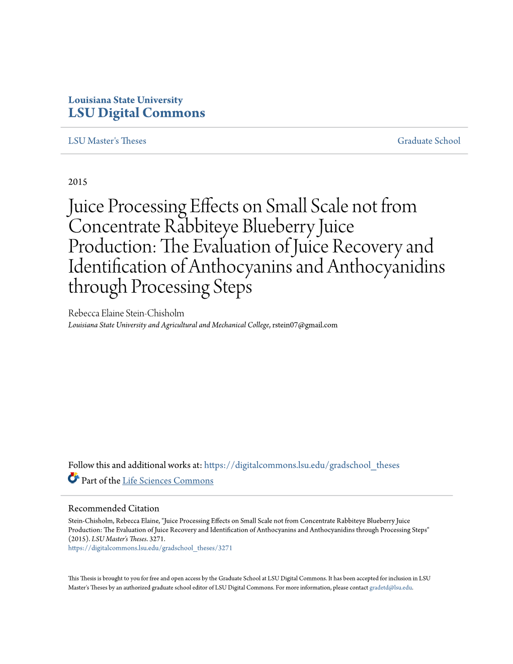 Juice Processing Effects on Small Scale Not from Concentrate Rabbiteye Blueberry Juice Production: the Evaluation of Juice Recov