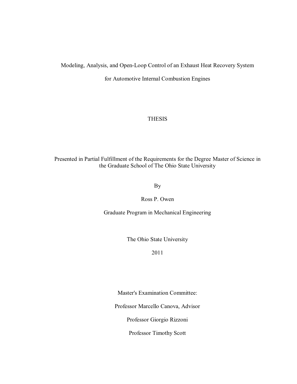 Modeling, Analysis, and Open-Loop Control of an Exhaust Heat Recovery System