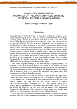 Language and Migration the Impact of the Jukun on Chadic Speaking Groups in the Benue-Gongola Basin