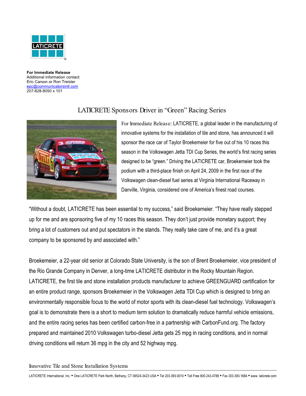 LATICRETE Sponsors Driver in “Green” Racing Series