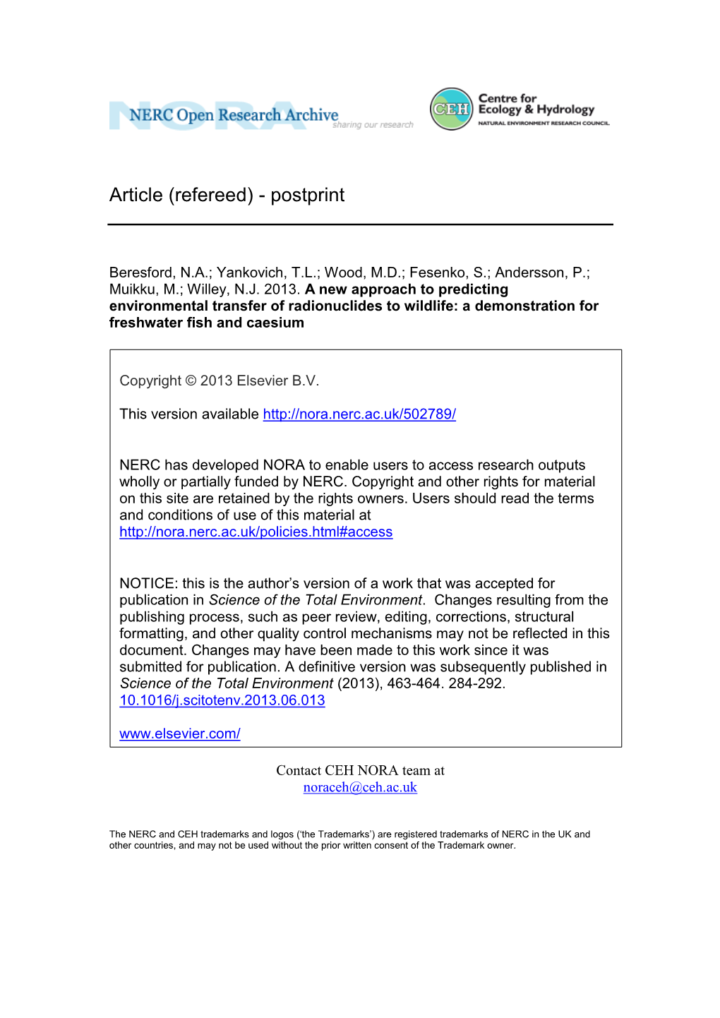 A New Approach to Predicting Environmental Transfer of Radionuclides to Wildlife: a Demonstration for Freshwater Fish and Caesium