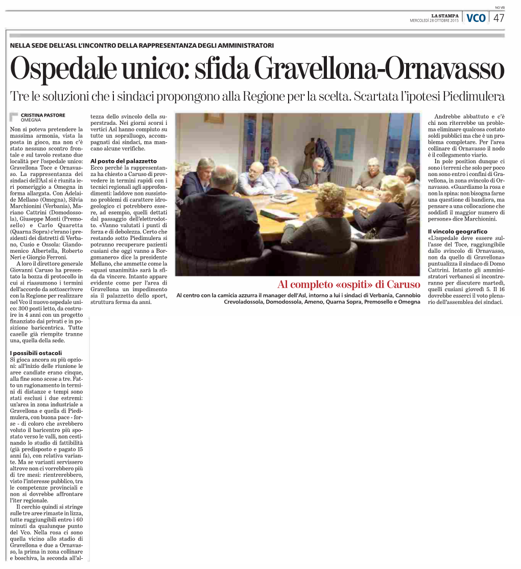 VERBANIA: Ospedale Unico, Sfida Gravellona-Ornavasso