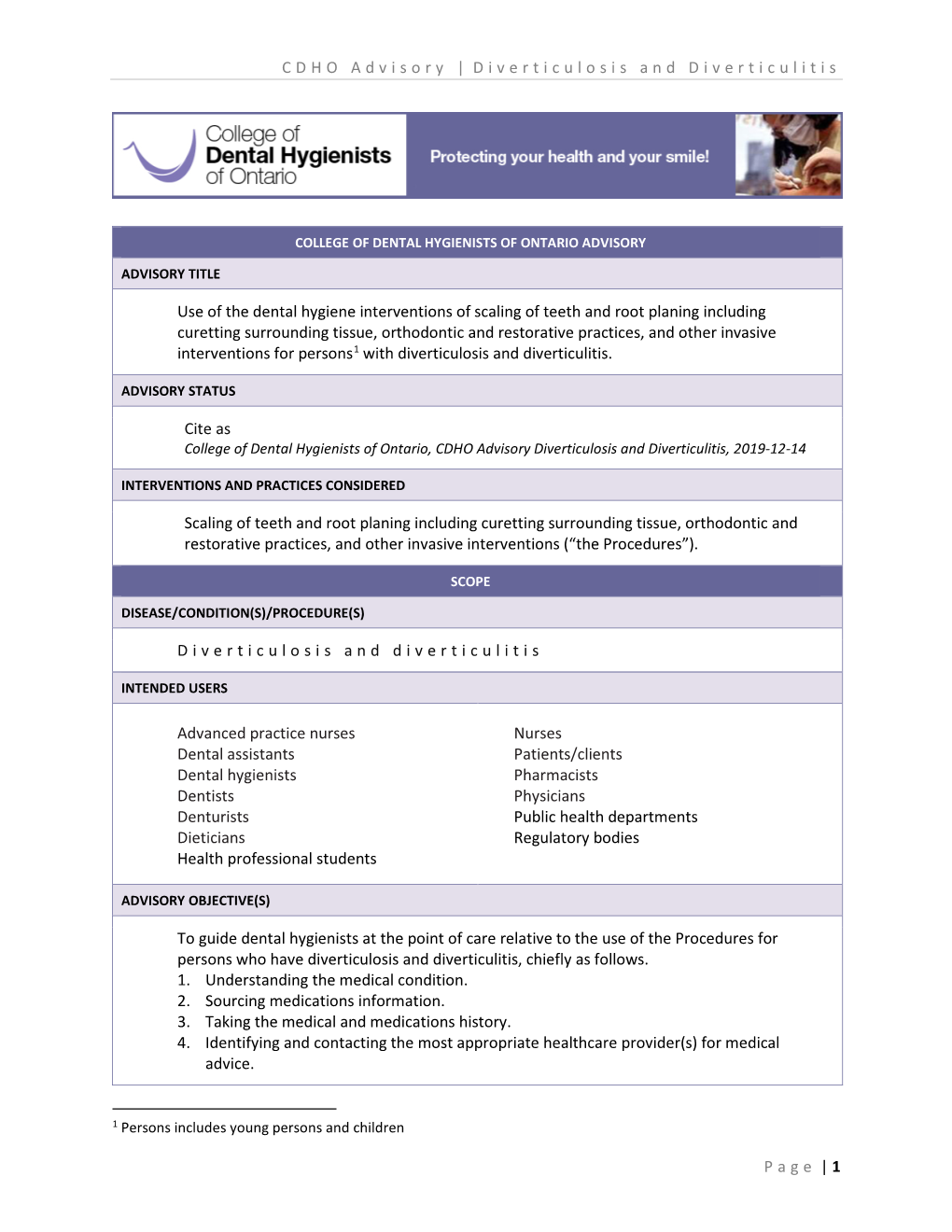 CDHO Advisory Diverticulosis and Diverticulitis, 2019-12-14