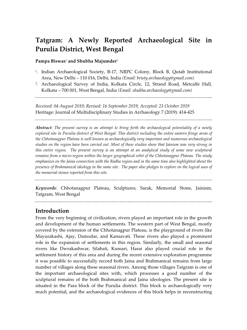 Tatgram: a Newly Reported Archaeological Site in Purulia District, West Bengal