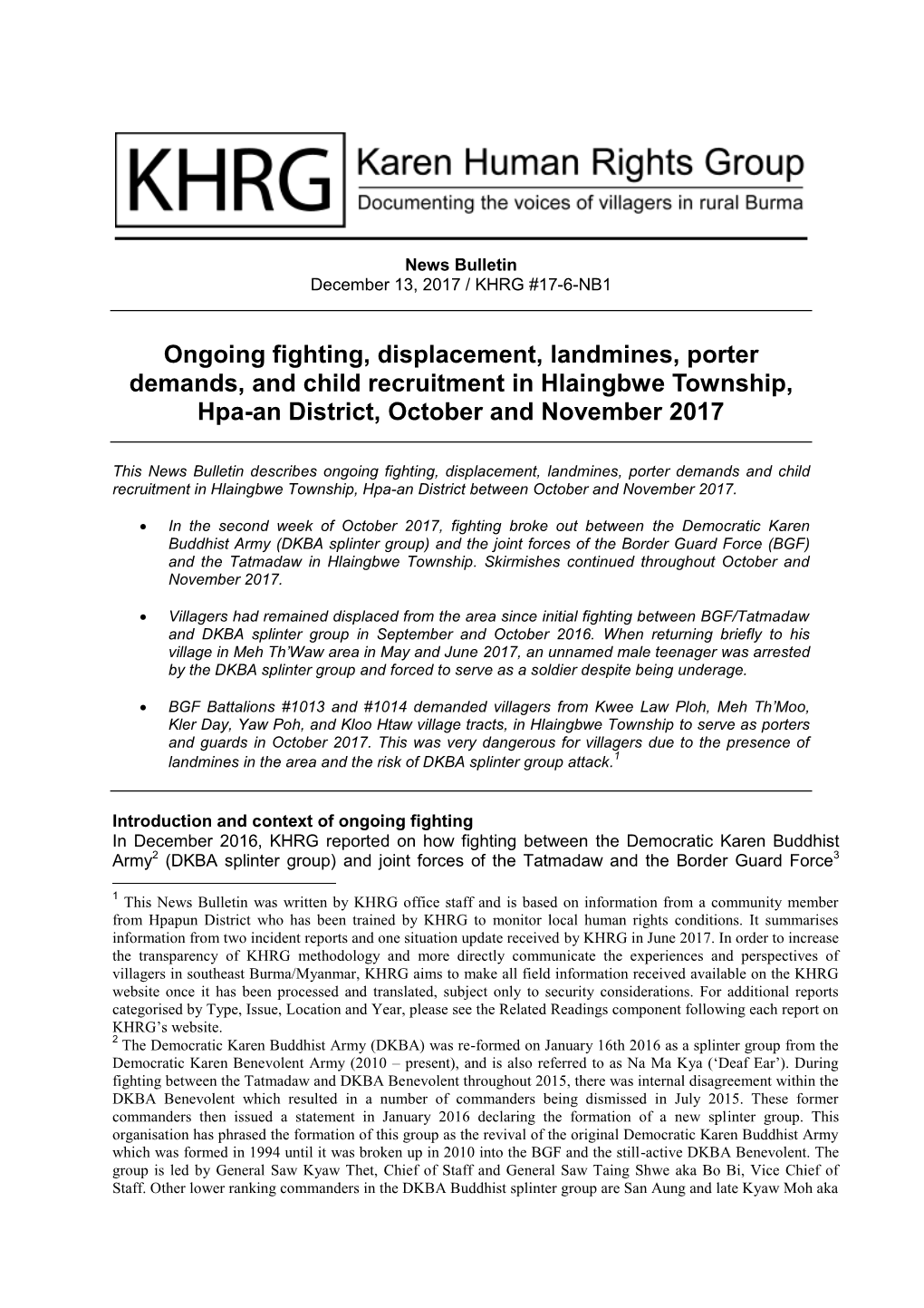 Ongoing Fighting, Displacement, Landmines, Porter Demands, and Child Recruitment in Hlaingbwe Township, Hpa-An District, October and November 2017