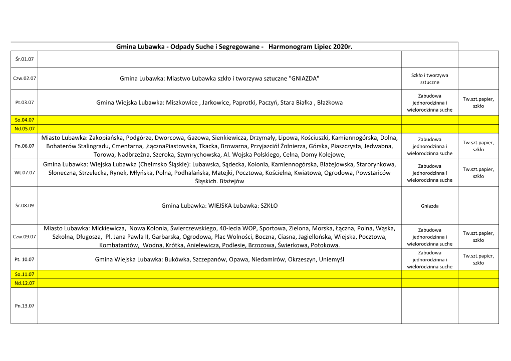 Gmina Lubawka - Odpady Suche I Segregowane - Harmonogram Lipiec 2020R