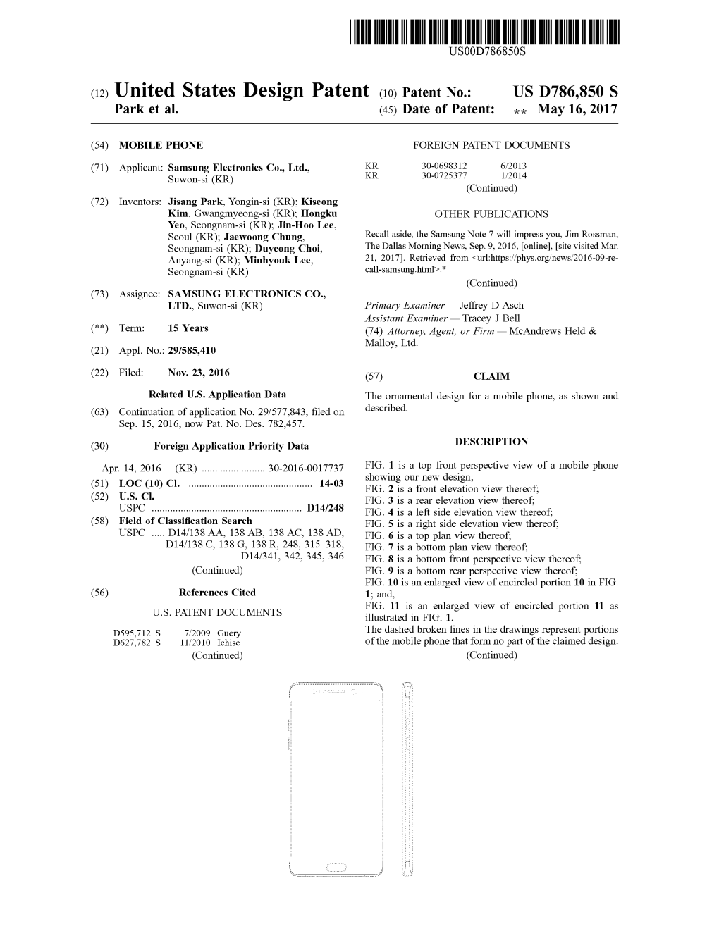 (12) United States Design Patent (10) Patent No.: US D786,850 S Park Et Al