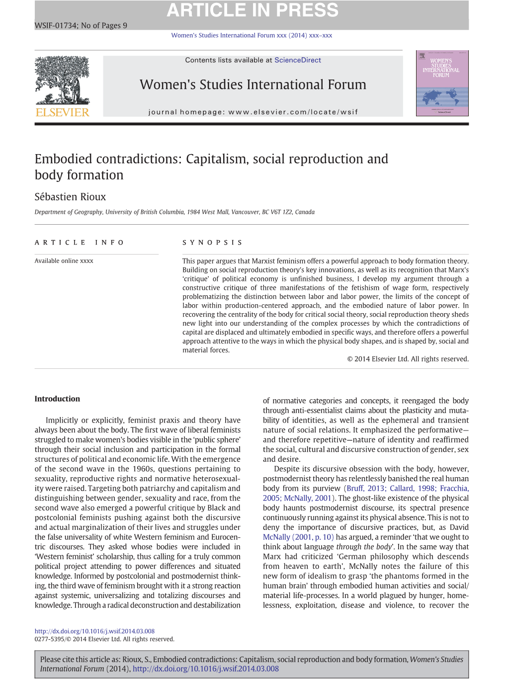 Capitalism, Social Reproduction and Body Formation