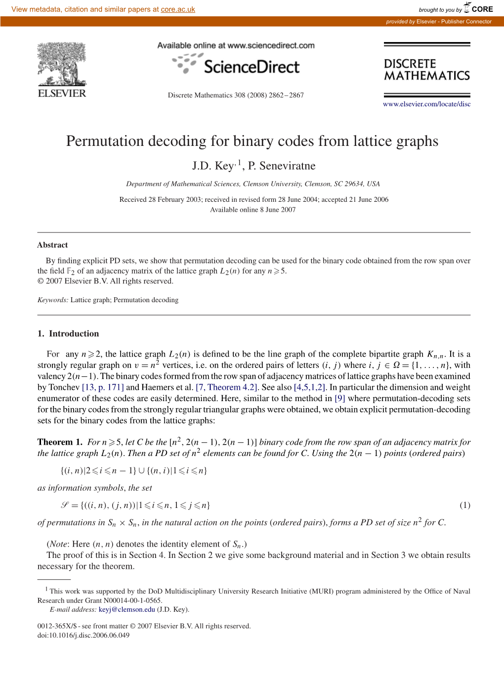 Permutation Decoding for Binary Codes from Lattice Graphs J.D