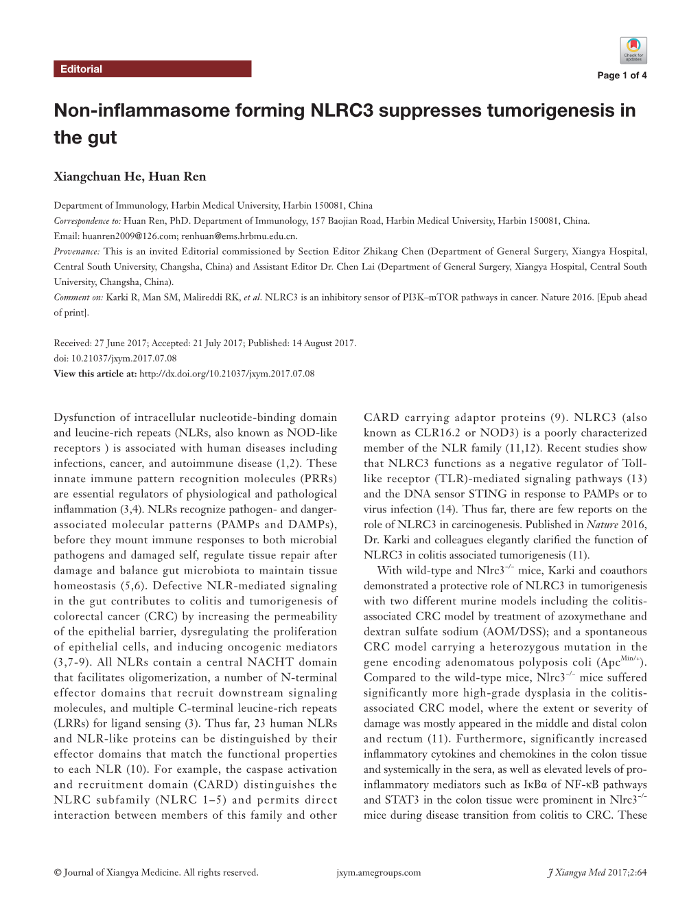 Non-Inflammasome Forming NLRC3 Suppresses Tumorigenesis in the Gut