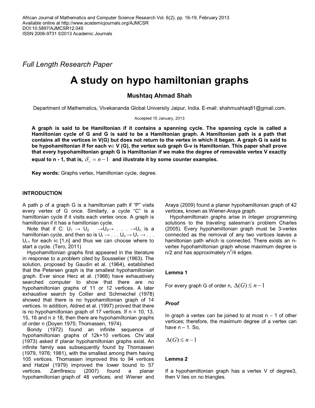 A Study on Hypo Hamiltonian Graphs