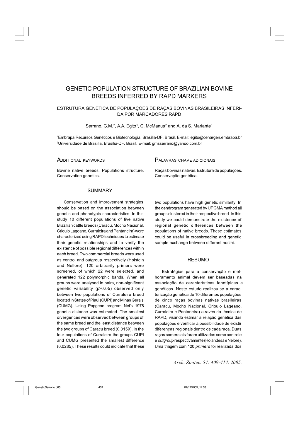 Genetic Population Structure of Brazilian Bovine Breeds Inferred by Rapd Markers