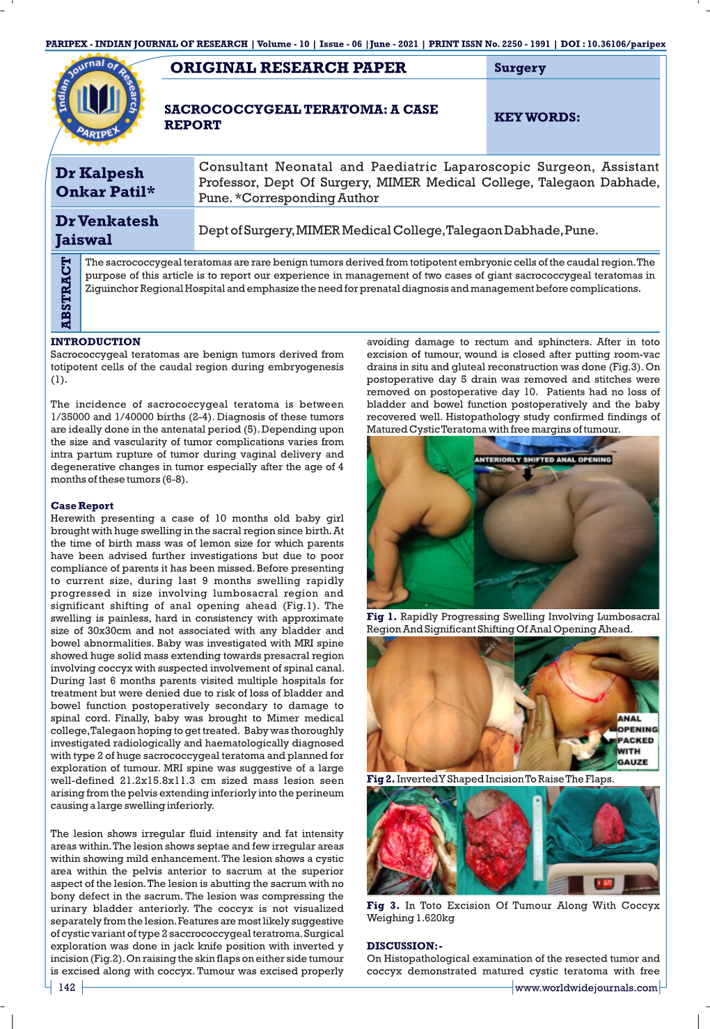 ORIGINAL RESEARCH PAPER Dr Kalpesh Onkar Patil* Dr Venkatesh