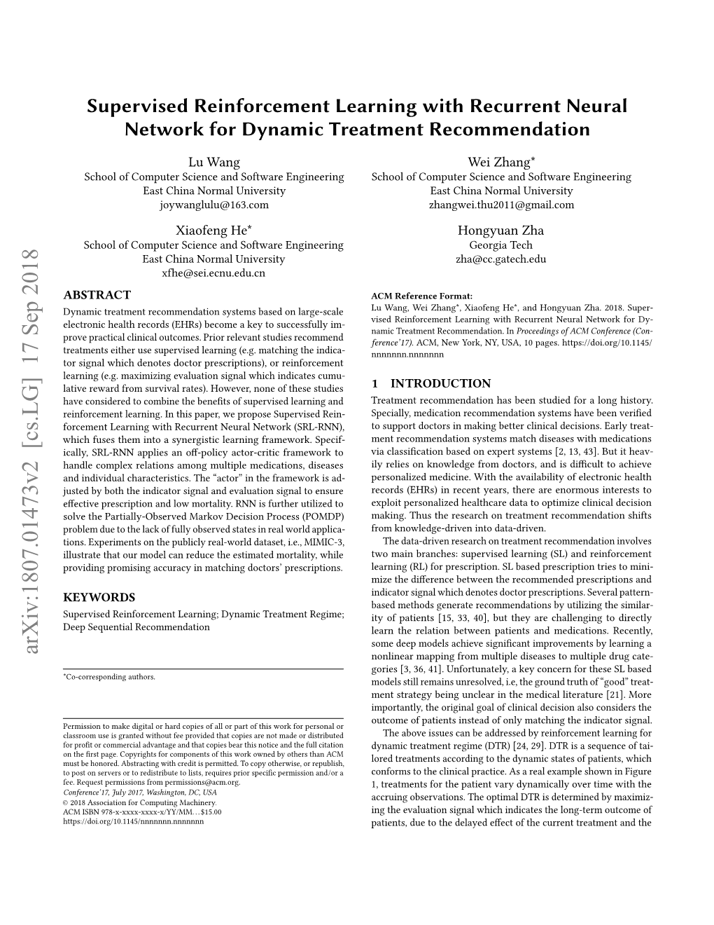 Supervised Reinforcement Learning with Recurrent Neural Network for Dynamic Treatment Recommendation