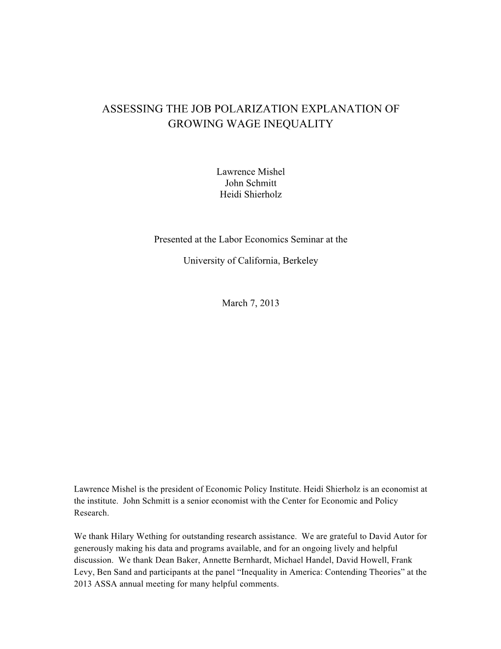 Assessing the Job Polarization Explanation of Growing Wage Inequality