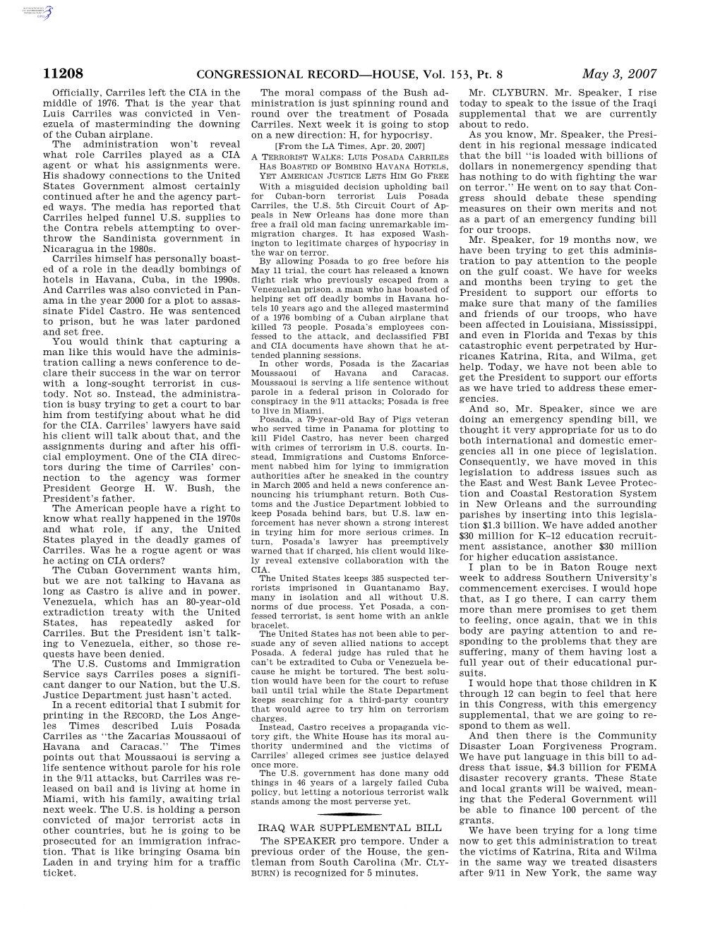 CONGRESSIONAL RECORD—HOUSE, Vol. 153, Pt. 8 May 3, 2007 Officially, Carriles Left the CIA in the the Moral Compass of the Bush Ad- Mr