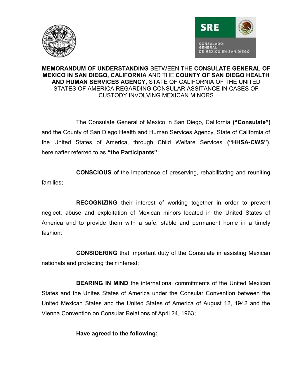 Memorandum of Understanding Between the Consulate General of Mexico in San Diego, California