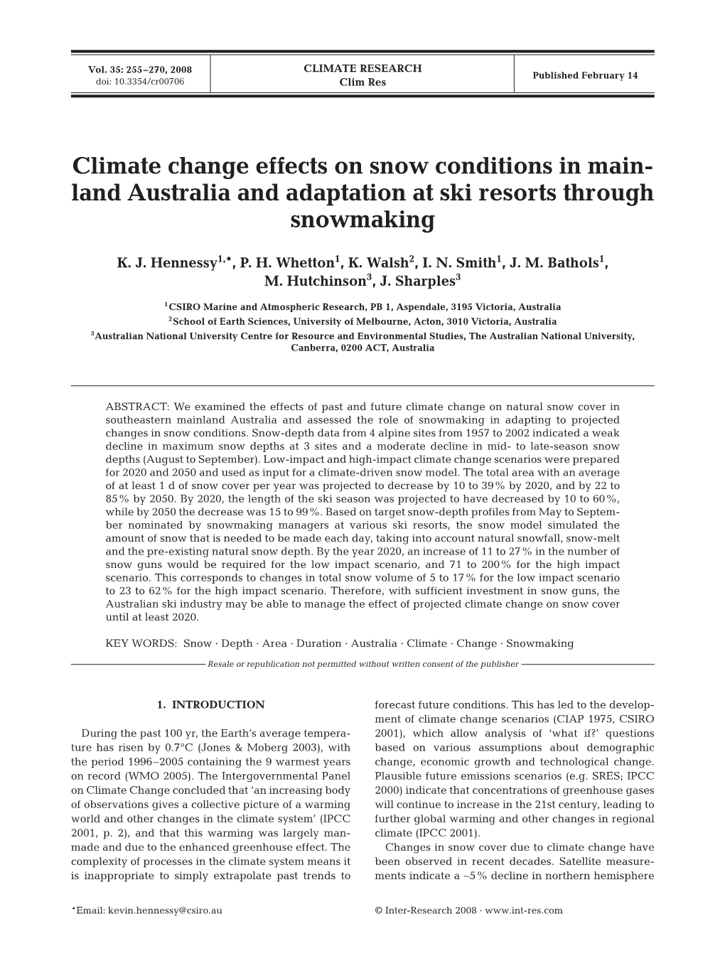 Climate Change Effects on Snow Conditions in Mainland Australia and Adaptation at Ski Resorts Through Snowmaking