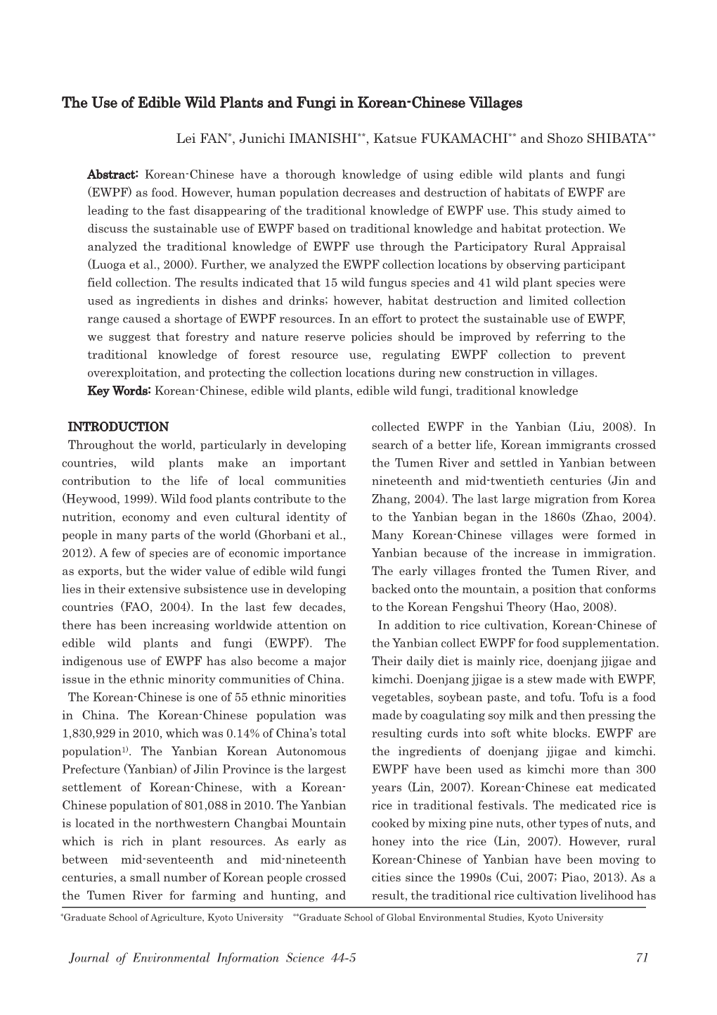 The Use of Edible Wild Plants and Fungi in Korean-Chinese Villages