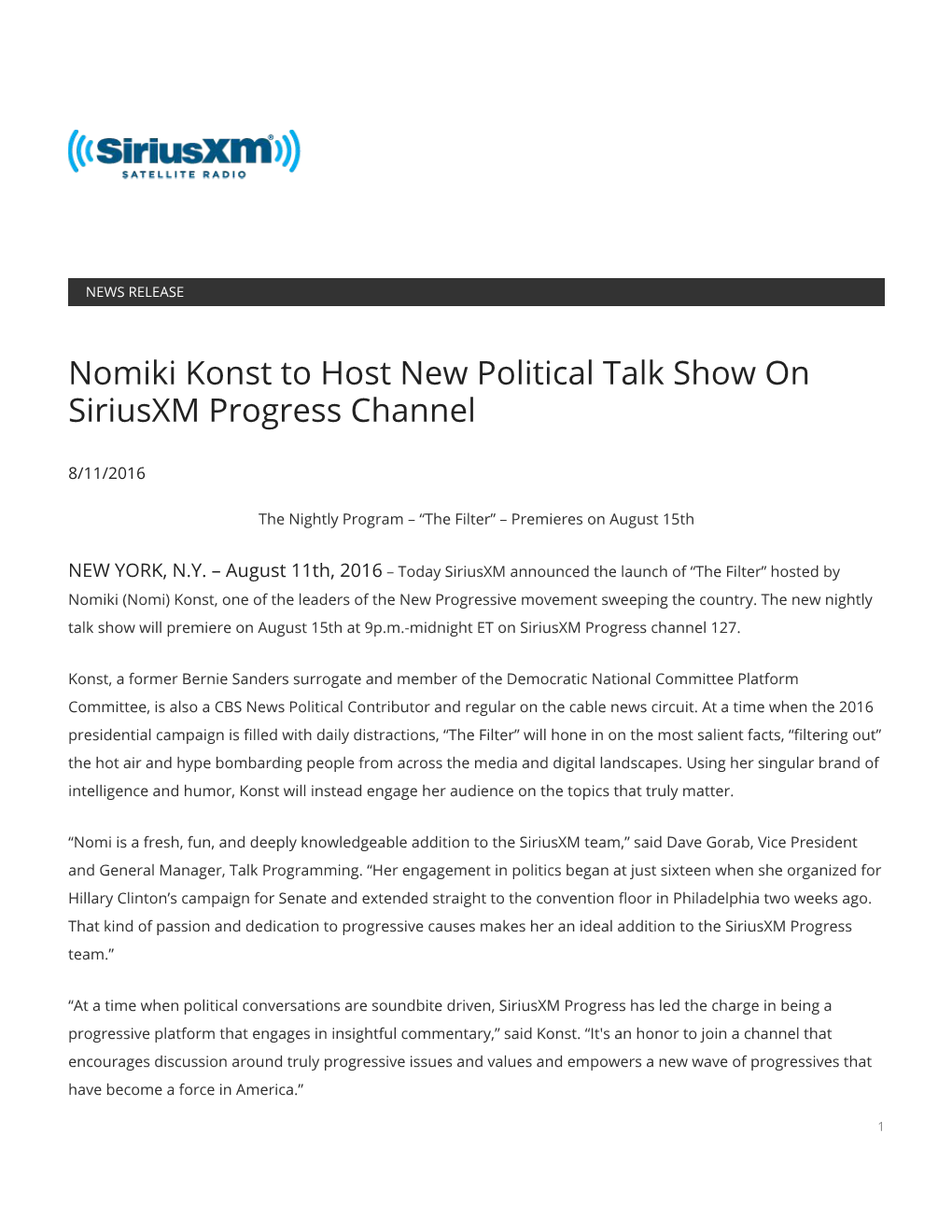 Nomiki Konst to Host New Political Talk Show on Siriusxm Progress Channel