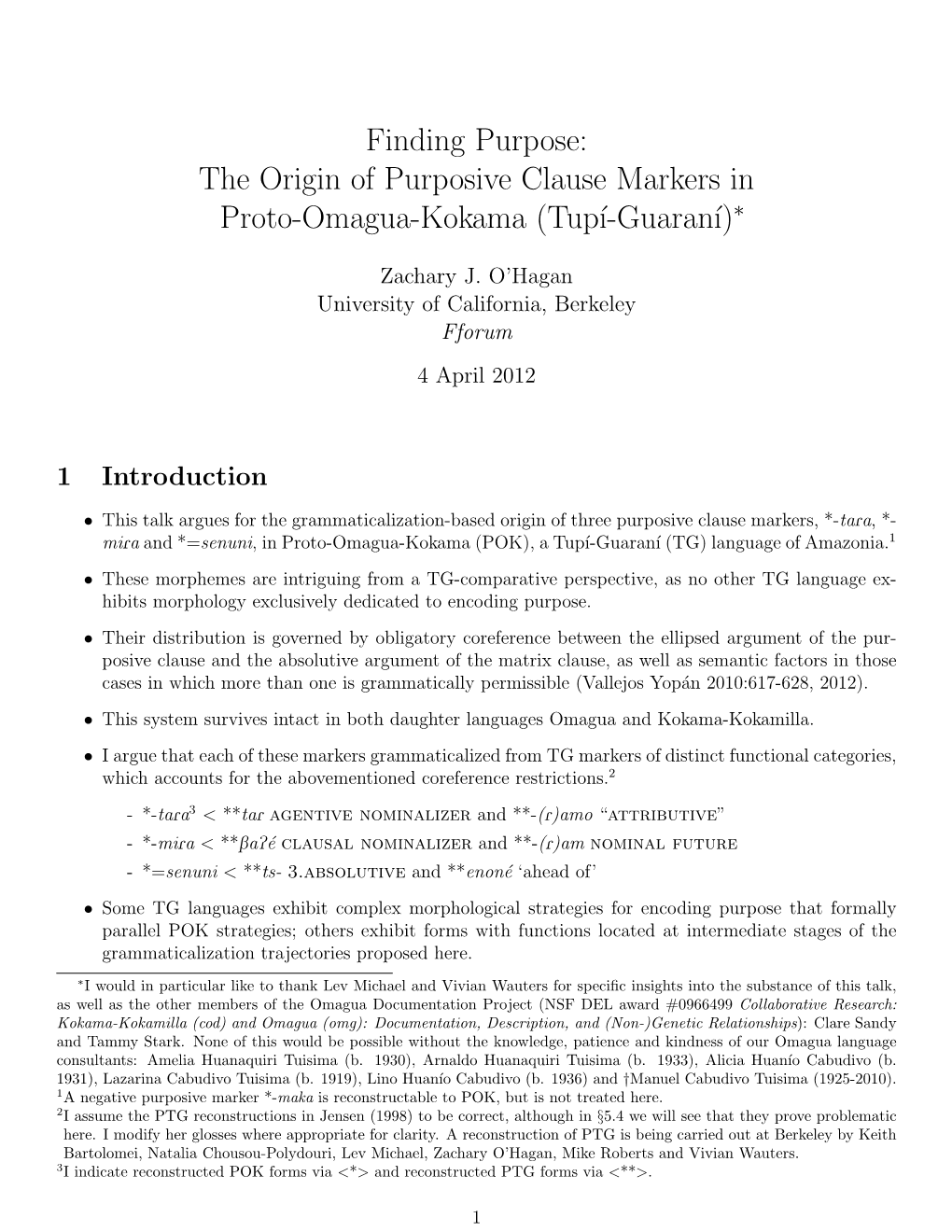 The Origin of Purposive Clause Markers in Proto-Omagua-Kokama (Tup´I-Guaran´I)∗