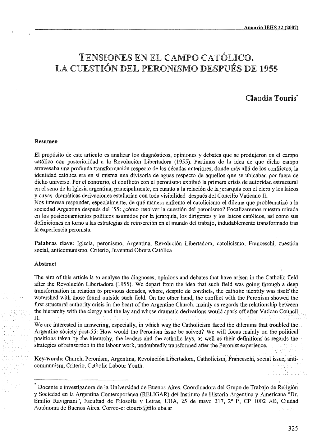 Tensiones En El Campo Católico. La Cuestión Df.L Peron!Smo Después De 1955