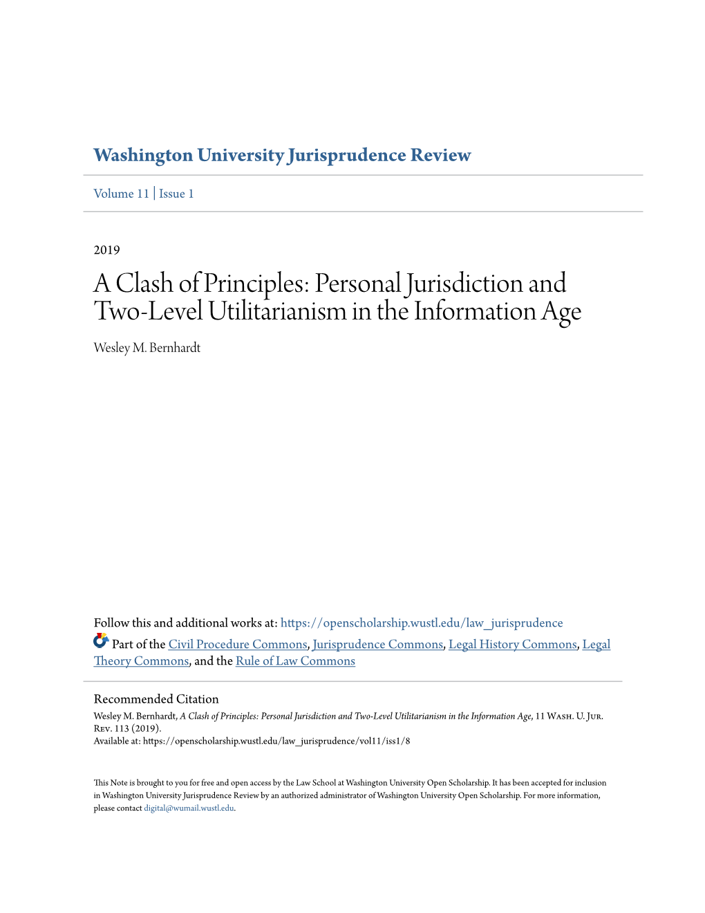 Personal Jurisdiction and Two-Level Utilitarianism in the Information Age Wesley M