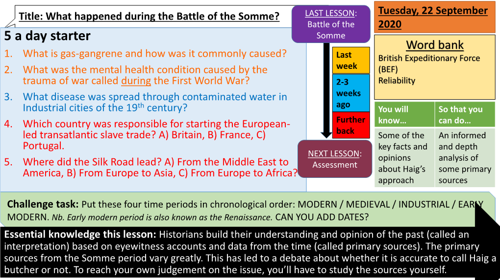 What Happened During the Battle of the Somme? LAST LESSON: Battle of the 2020 5 a Day Starter Somme Word Bank 1