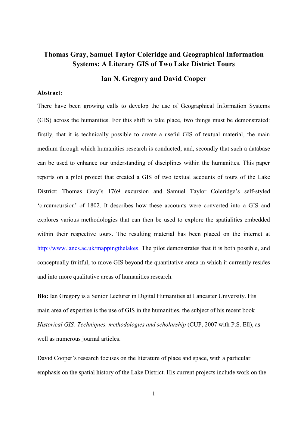 Thomas Gray, Samuel Taylor Coleridge and Geographical Information Systems: a Literary GIS of Two Lake District Tours