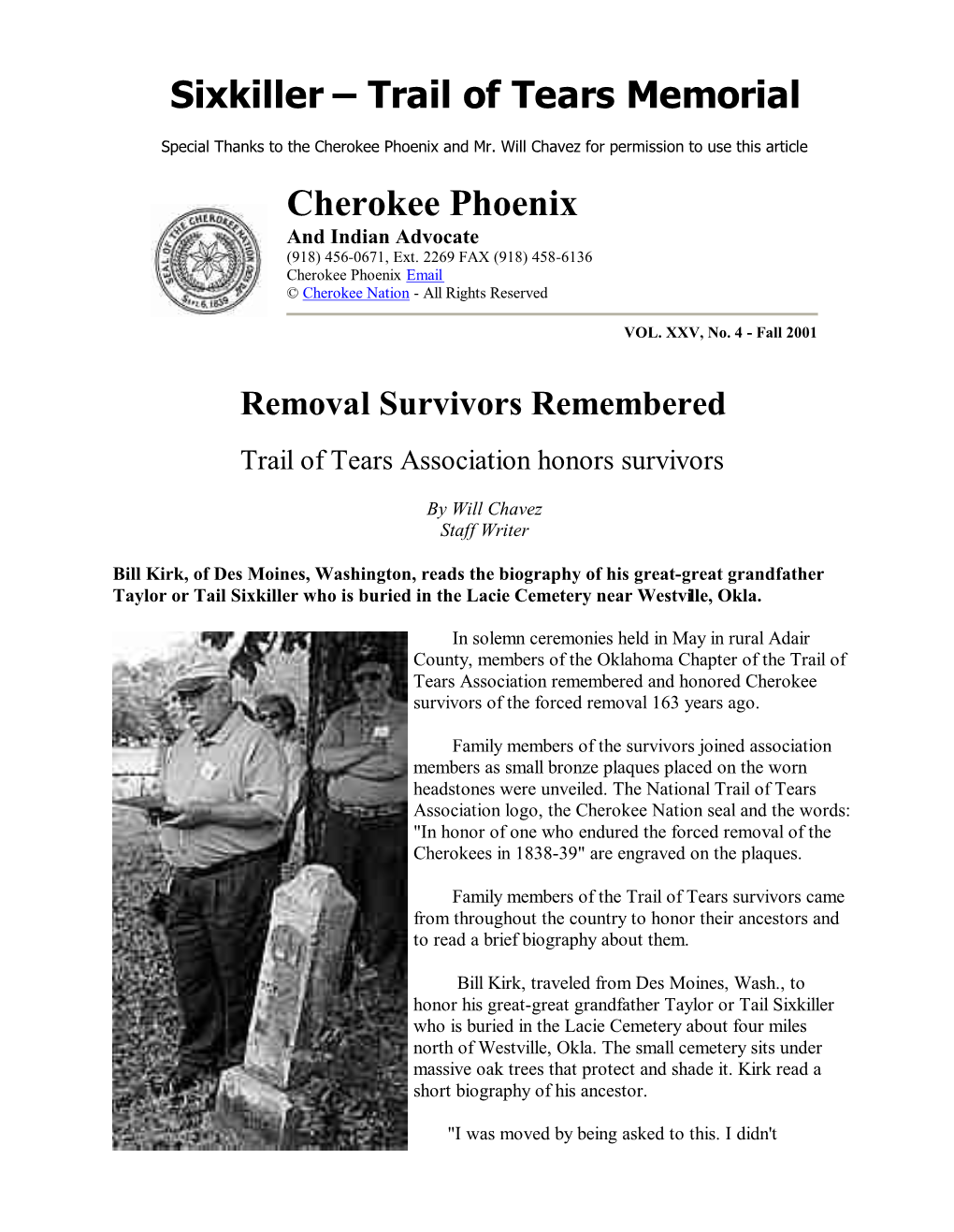 Sixkiller – Trail of Tears Memorial Cherokee Phoenix