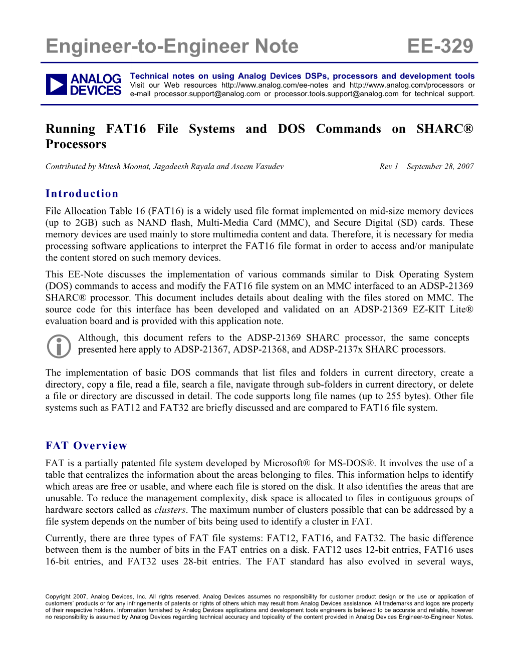 Running FAT16 File Systems and DOS Commands on SHARC® Processors