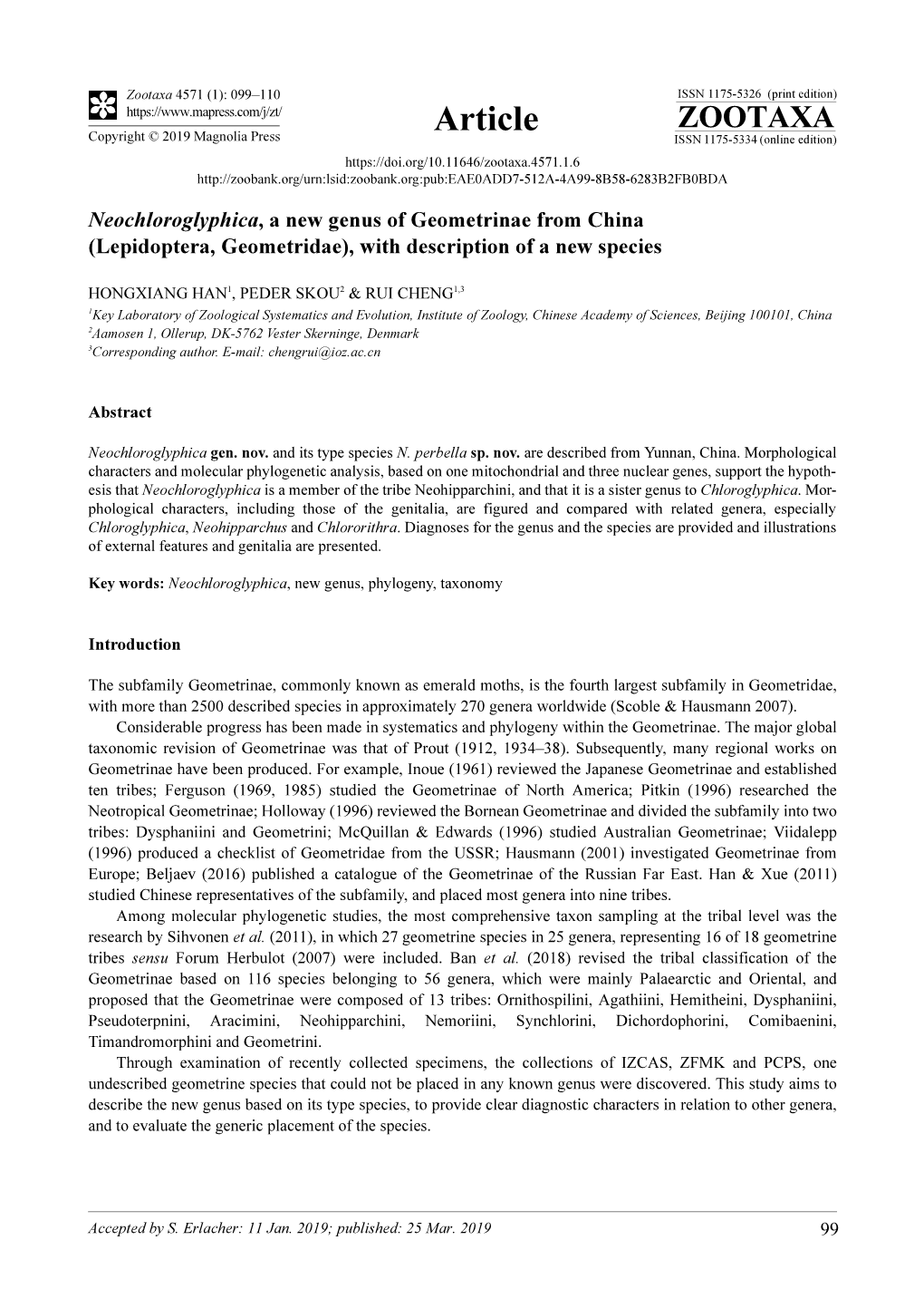 Neochloroglyphica, a New Genus of Geometrinae from China (Lepidoptera, Geometridae), with Description of a New Species