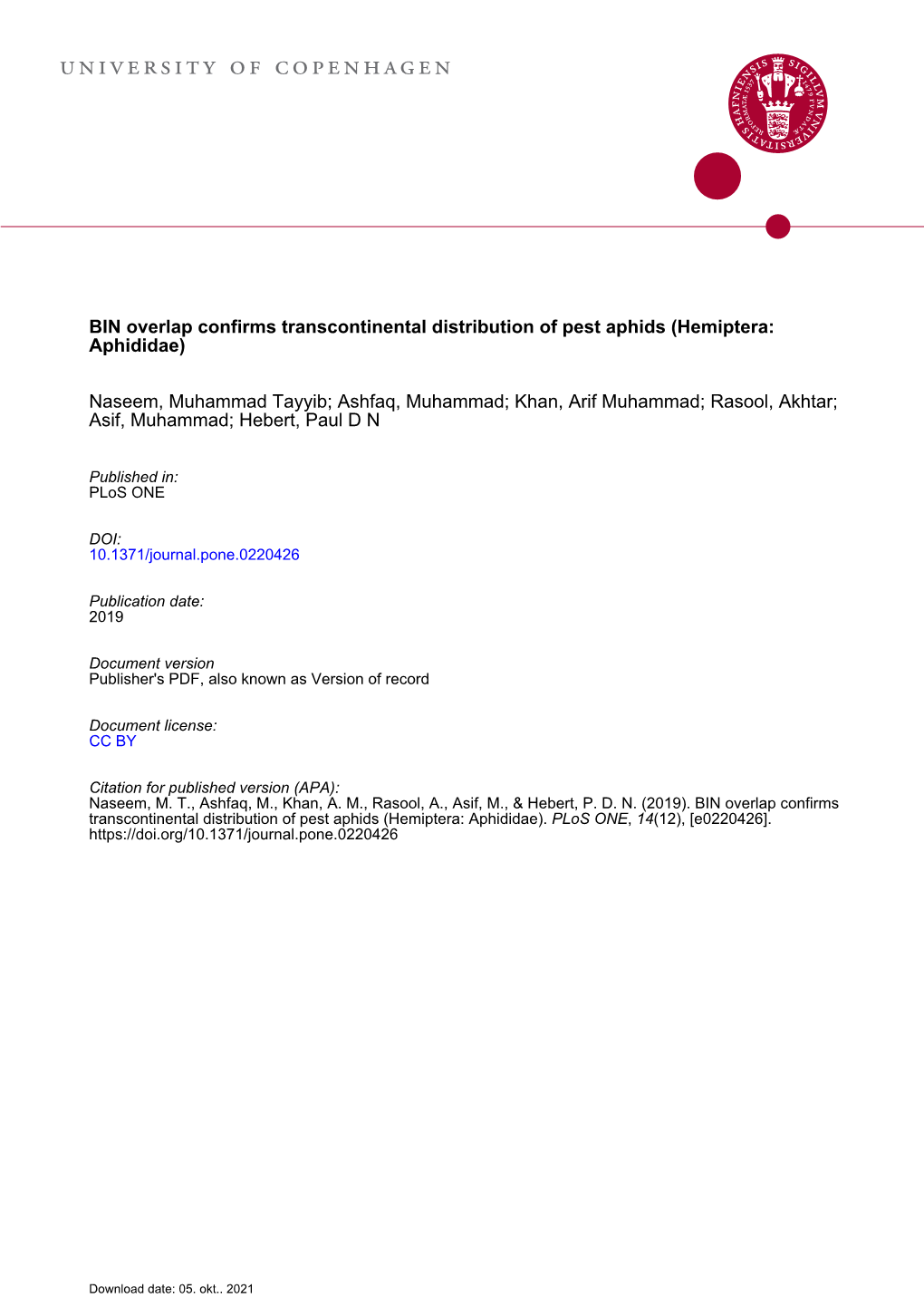 BIN Overlap Confirms Transcontinental Distribution of Pest Aphids (Hemiptera: Aphididae)